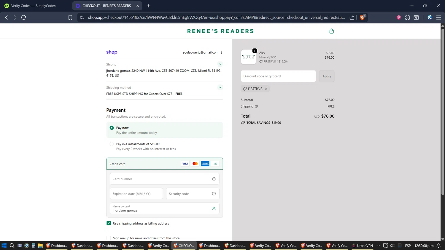 Renee's Readers promo code screenshot showing code Firstpair applied at Renee's Readers checkout page. Uploaded by SimplyCodes community member TreasureExpert3303 on Oct 25, 2025