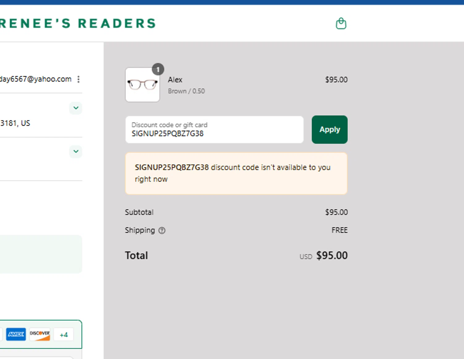 Renee's Readers promo code screenshot showing code SIGNUP25PQBZ7G38 applied at Renee's Readers checkout page. Uploaded by SimplyCodes community member FrugalVirtuoso6318 on Aug 3, 2025