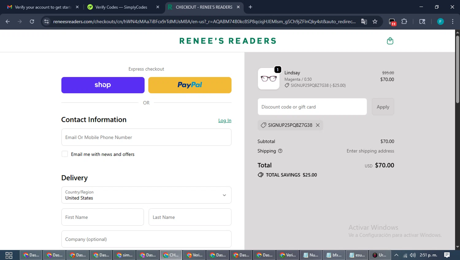Renee's Readers promo code screenshot showing code SIGNUP25PQBZ7G38 applied at Renee's Readers checkout page. Uploaded by SimplyCodes community member ShrewdTitan3233 on Nov 6, 2025