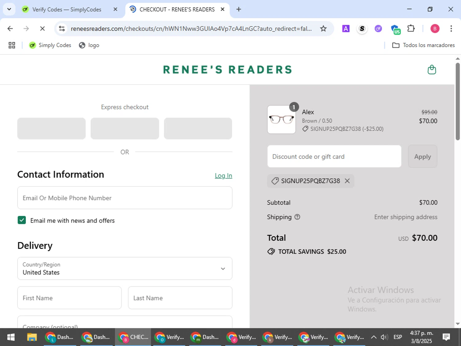 Renee's Readers promo code screenshot showing code SIGNUP25PQBZ7G38 applied at Renee's Readers checkout page. Uploaded by SimplyCodes community member bombontropical on Aug 3, 2025