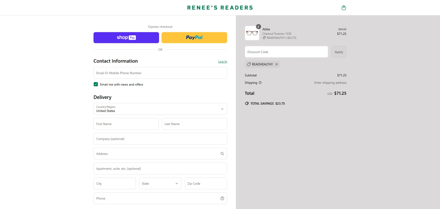 Renee's Readers promo code screenshot showing code READHEALTHY applied at Renee's Readers checkout page. Uploaded by SimplyCodes community member ivantorres on Apr 9, 2025