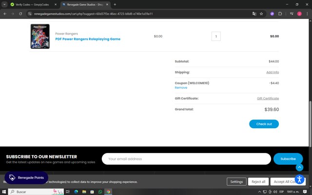 Renegade Game Studios checkout page showing Renegade Game Studios discount code box | Screenshot taken by SimplyCodes community member on Jun 11, 2025