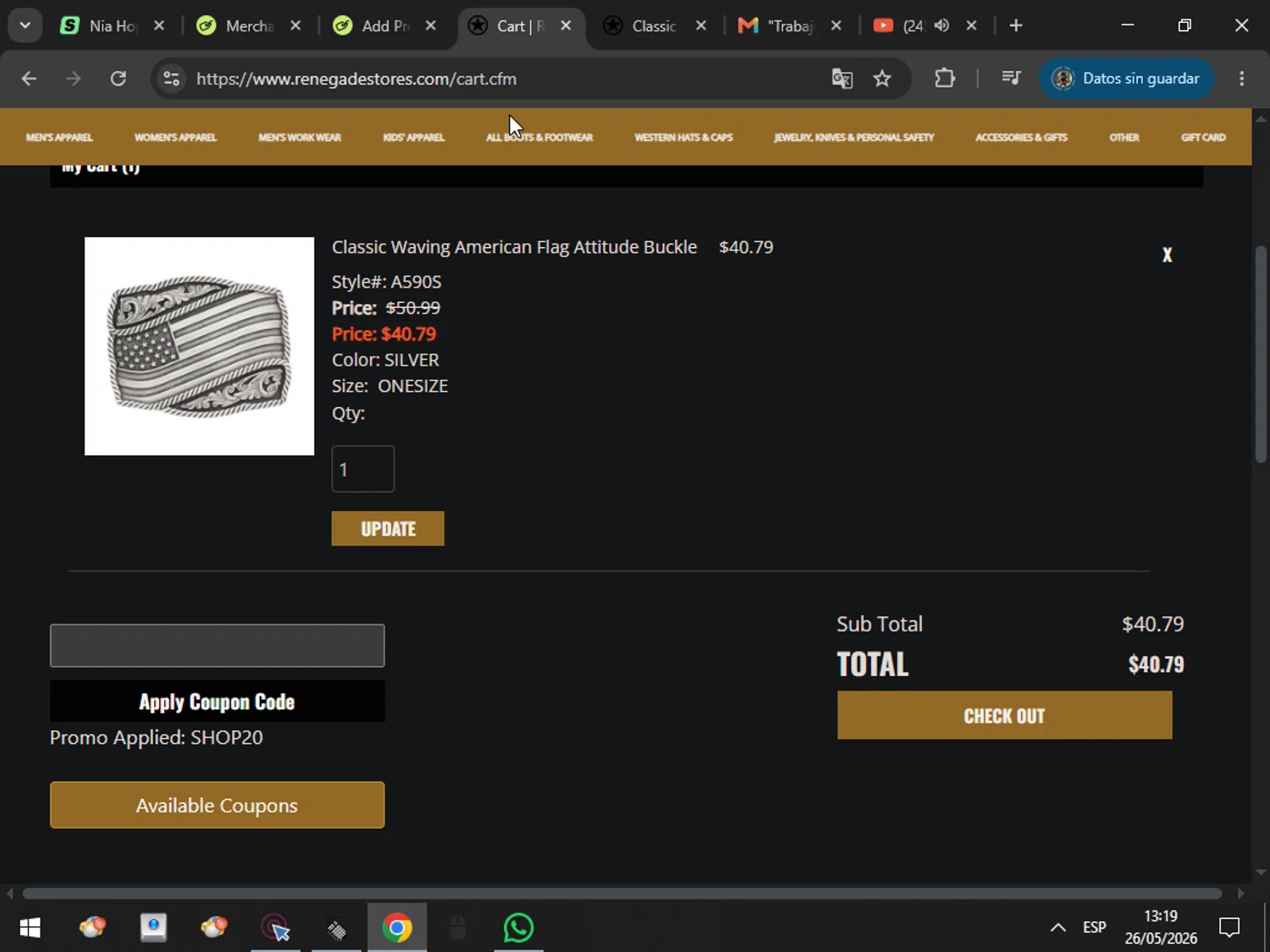 Renegade Stores promo code screenshot showing code SHOP20 applied at Renegade Stores checkout page. Uploaded by SimplyCodes community member MarcosAranguren on May 26, 2026