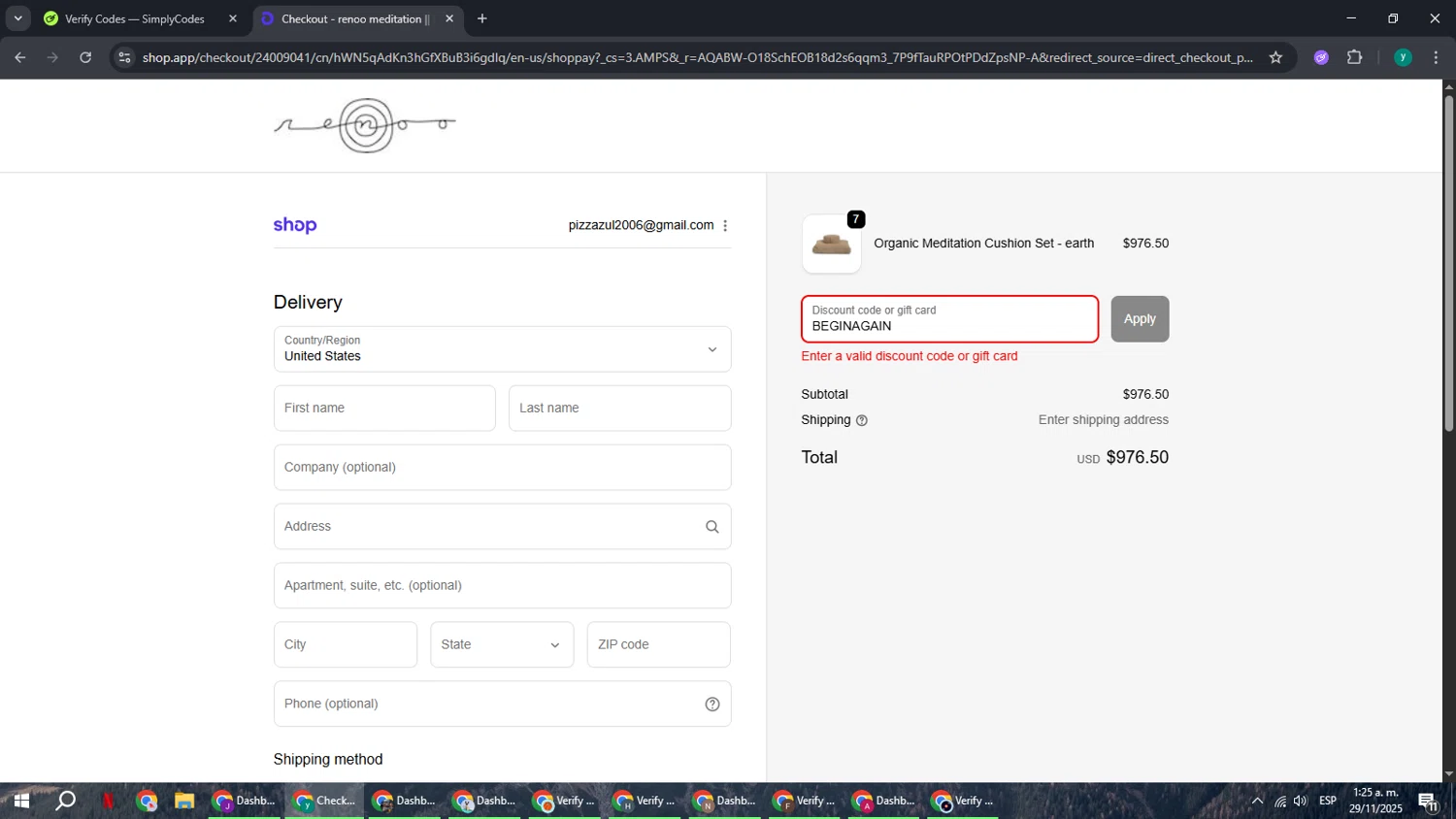 renoo.life promo code screenshot showing code BEGINAGAIN applied at renoo.life checkout page. Uploaded by SimplyCodes community member FrugalCaptain6906 on Nov 29, 2025