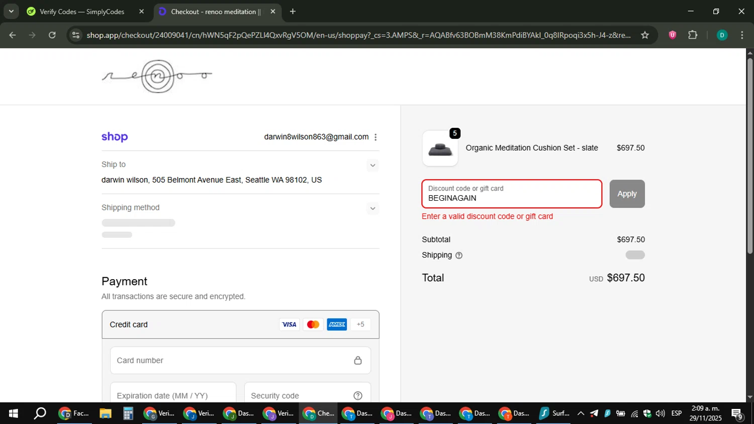 renoo.life promo code screenshot showing code BEGINAGAIN applied at renoo.life checkout page. Uploaded by SimplyCodes community member ThriftyLion6776 on Nov 29, 2025
