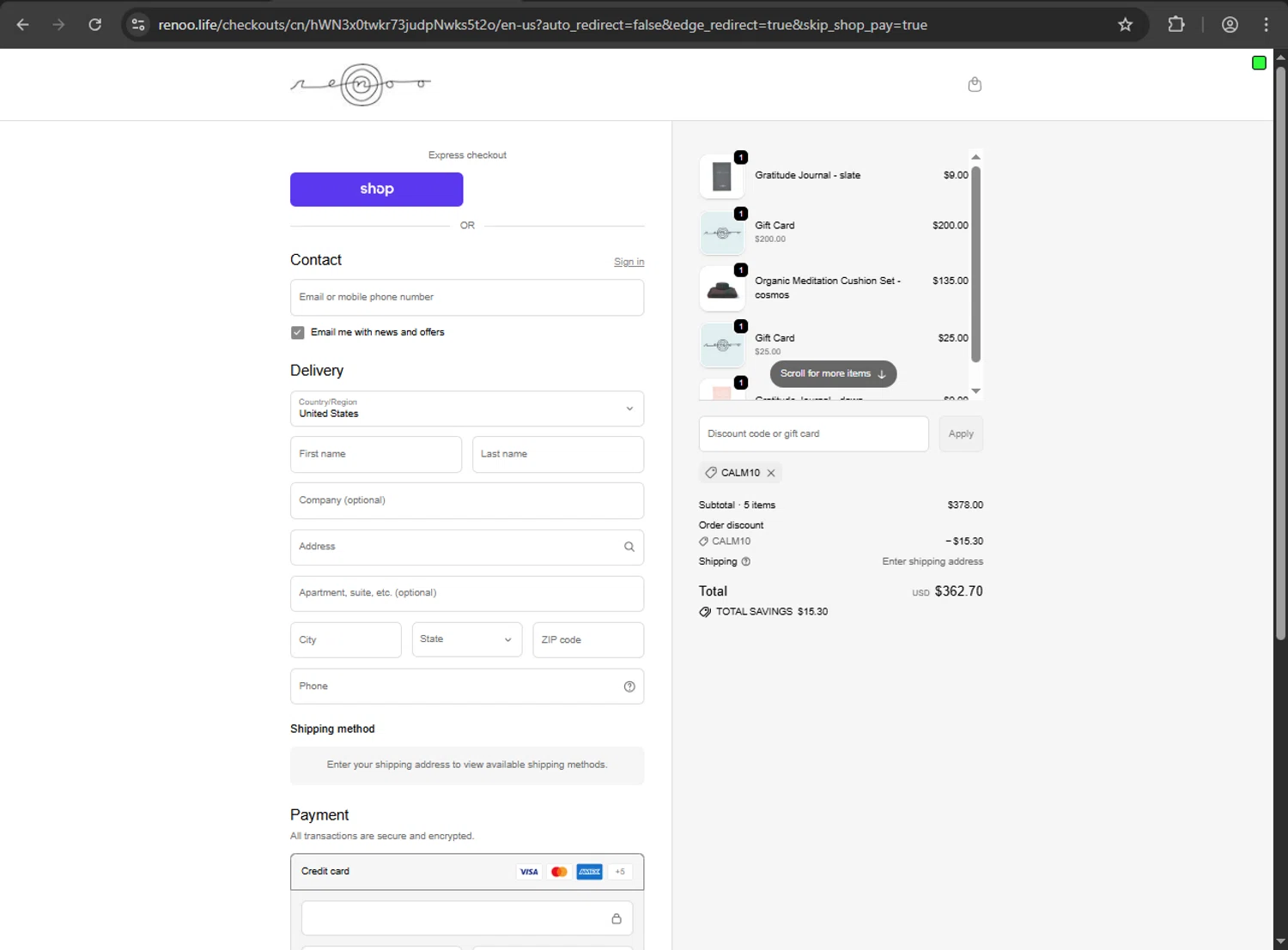 renoo.life promo code screenshot showing code CALM10 applied at renoo.life checkout page. Uploaded by SimplyCodes community member ShrewdDefender8496 on Oct 10, 2025