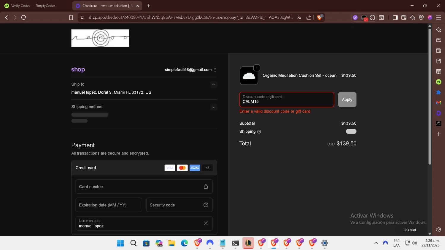 renoo.life promo code screenshot showing code CALM15 applied at renoo.life checkout page. Uploaded by SimplyCodes community member DiscountExpert556 on Nov 29, 2025