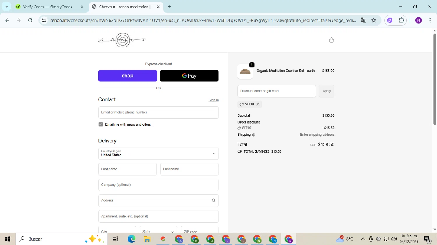 renoo.life promo code screenshot showing code Sit10 applied at renoo.life checkout page. Uploaded by SimplyCodes community member QuestOwl9632 on Dec 4, 2025