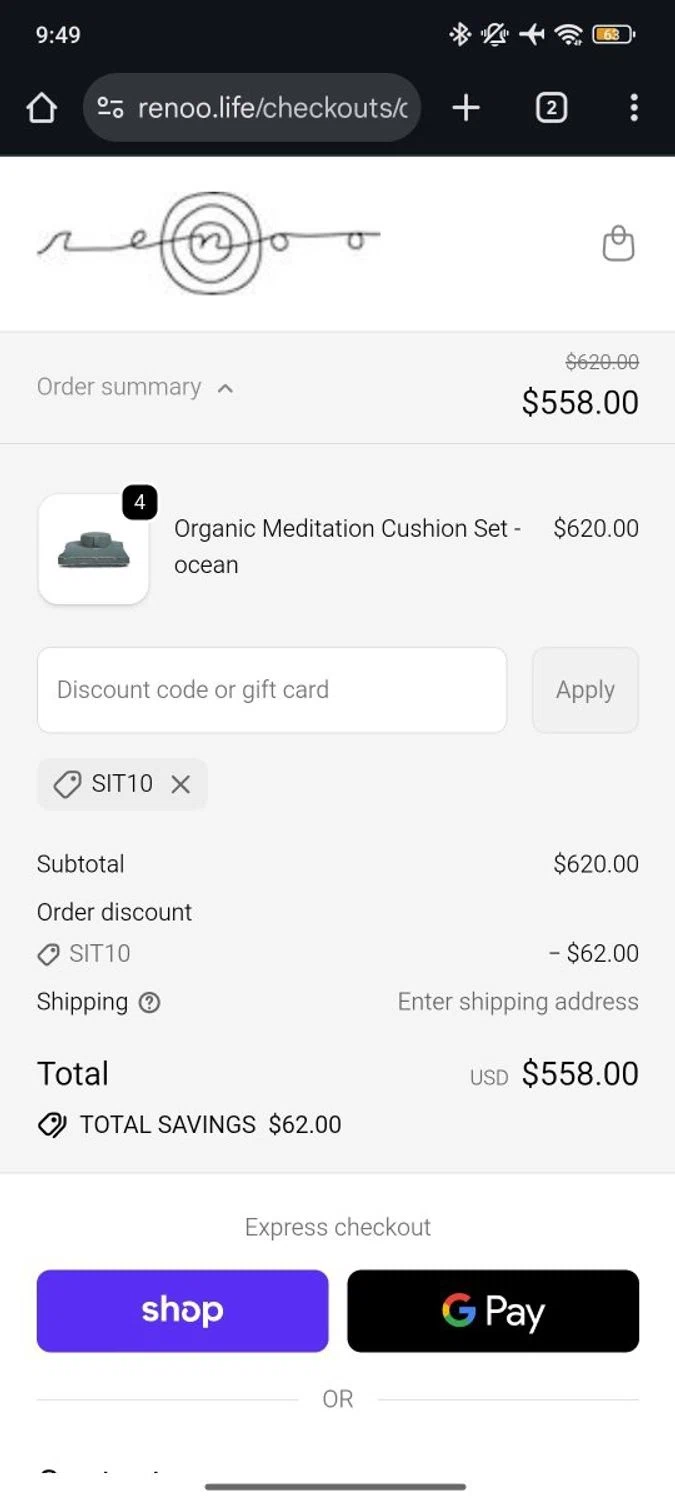 renoo.life promo code screenshot showing code Sit10 applied at renoo.life checkout page. Uploaded by SimplyCodes community member RoyalSpotter5217 on Dec 4, 2025