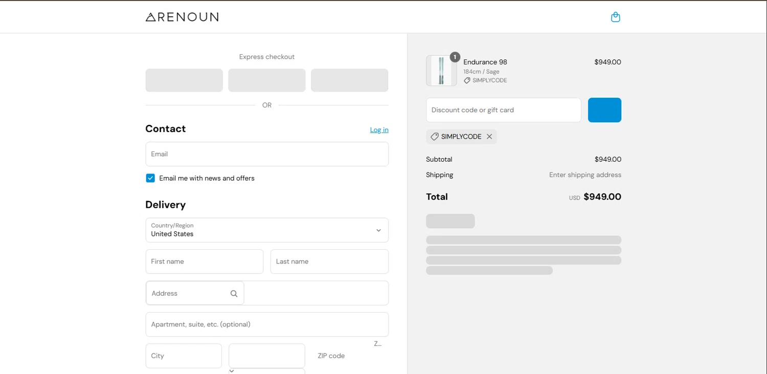 Renoun promo code screenshot showing code SIMPLYCODE applied at Renoun checkout page. Uploaded by SimplyCodes community member BrillianteMaestro892 on Sep 8, 2025