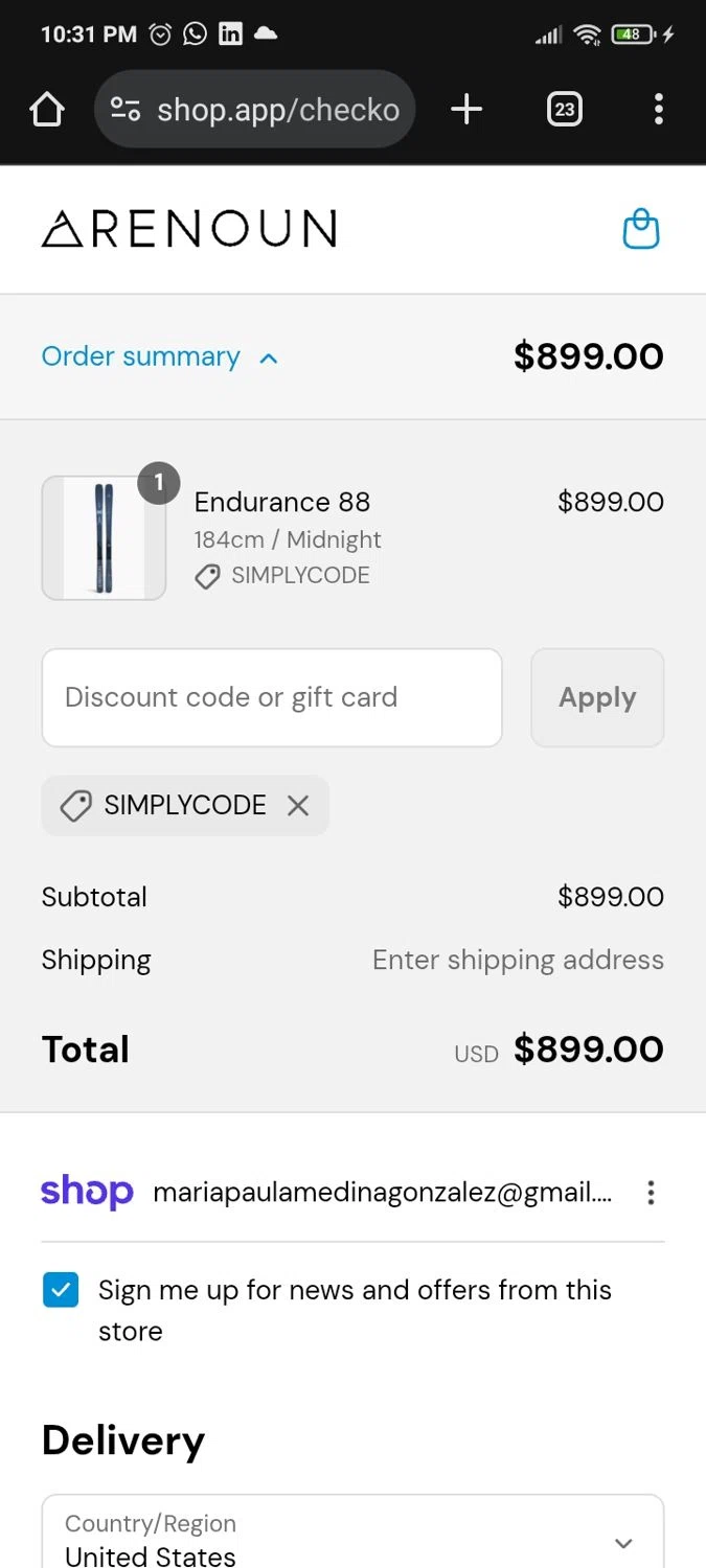 Renoun promo code screenshot showing code SIMPLYCODE applied at Renoun checkout page. Uploaded by SimplyCodes community member PromoMaven605 on Sep 4, 2025