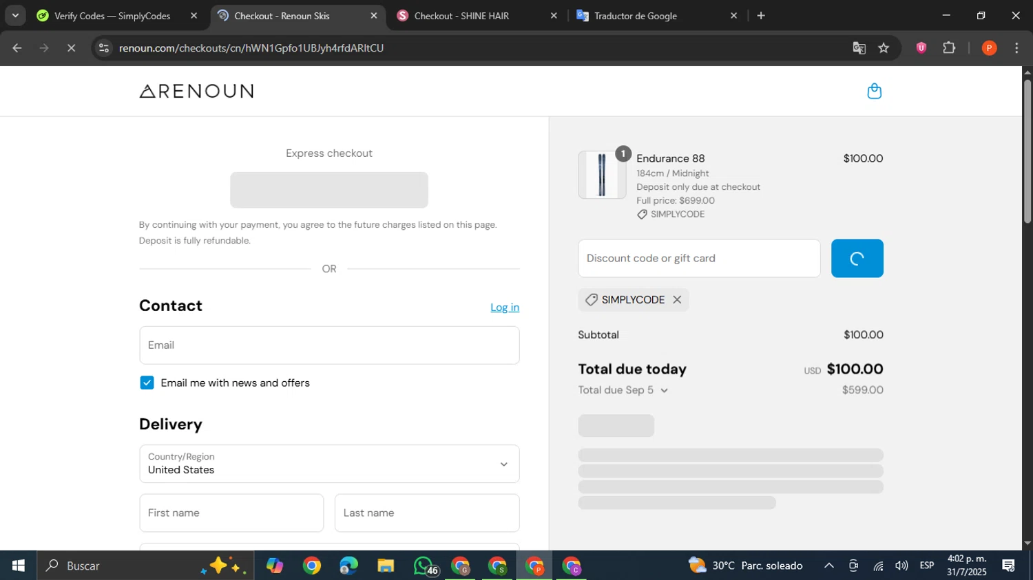 Renoun promo code screenshot showing code SIMPLYCODE applied at Renoun checkout page. Uploaded by SimplyCodes community member VictoriousCaptain2658 on Jul 31, 2025