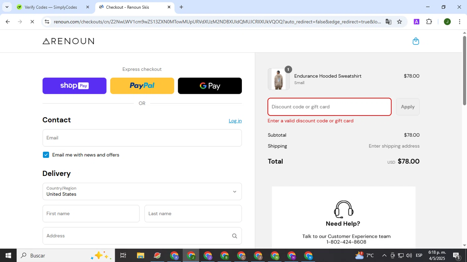 Renoun promo code screenshot showing code HONEY5 applied at Renoun checkout page. Uploaded by SimplyCodes community member CleverSeeker3529 on May 5, 2025