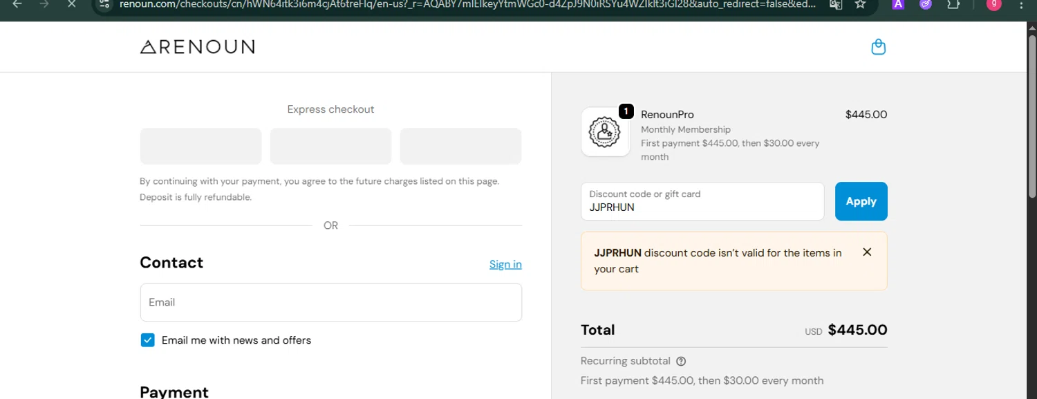 Renoun promo code screenshot showing code JJPRHUN applied at Renoun checkout page. Uploaded by SimplyCodes community member MoneyFalcon481 on Dec 5, 2025