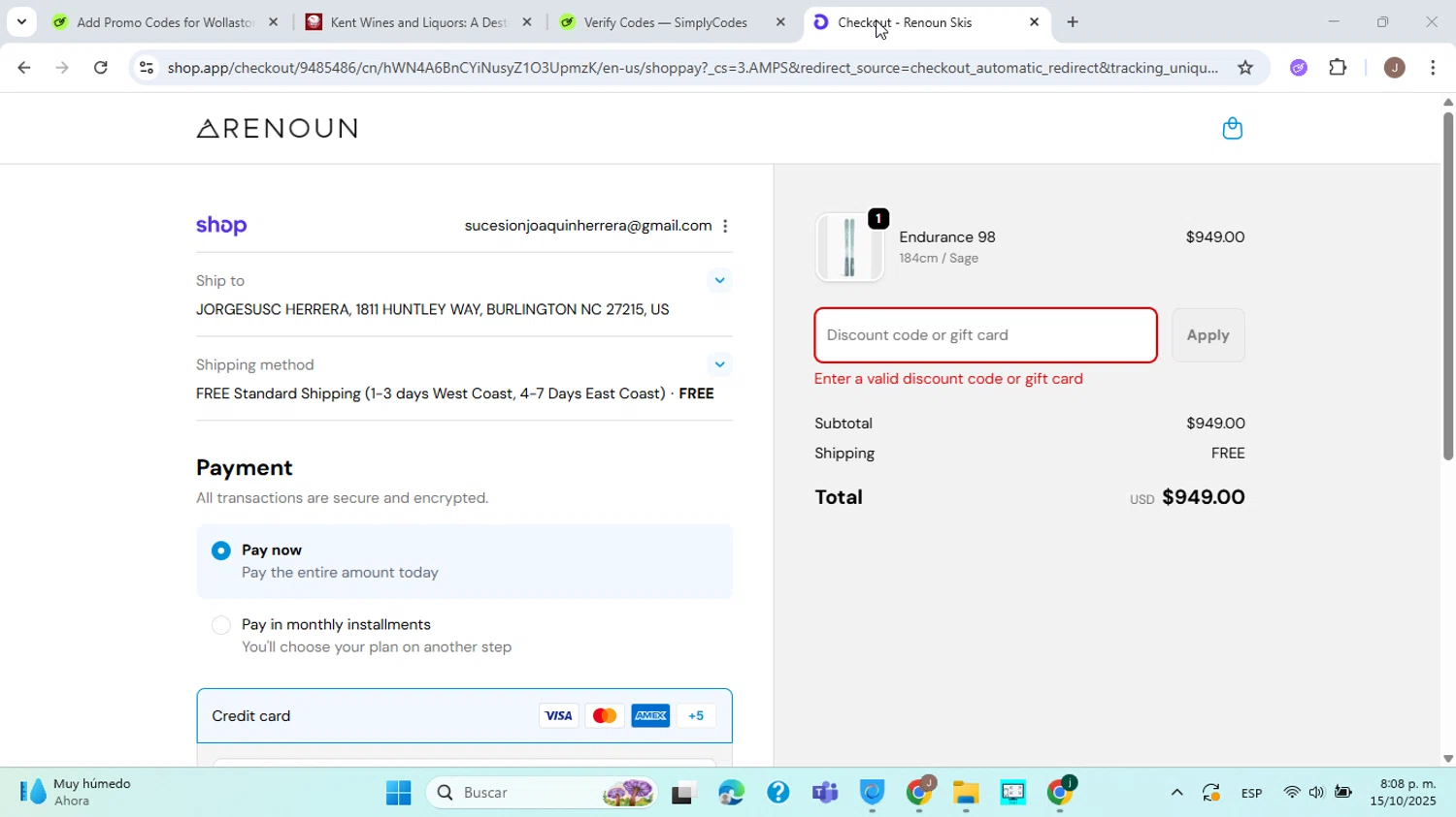Renoun promo code screenshot showing code MARKERFALL25 applied at Renoun checkout page. Uploaded by SimplyCodes community member ABHF23 on Oct 16, 2025