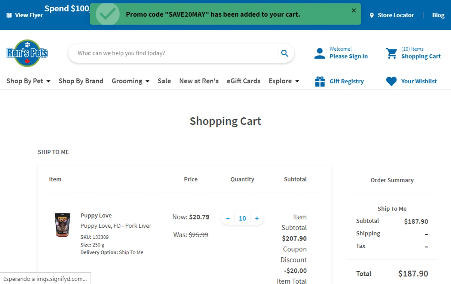 Ren's Pets checkout page showing Ren's Pets promo code box | Screenshot taken by SimplyCodes community member on May 17, 2024