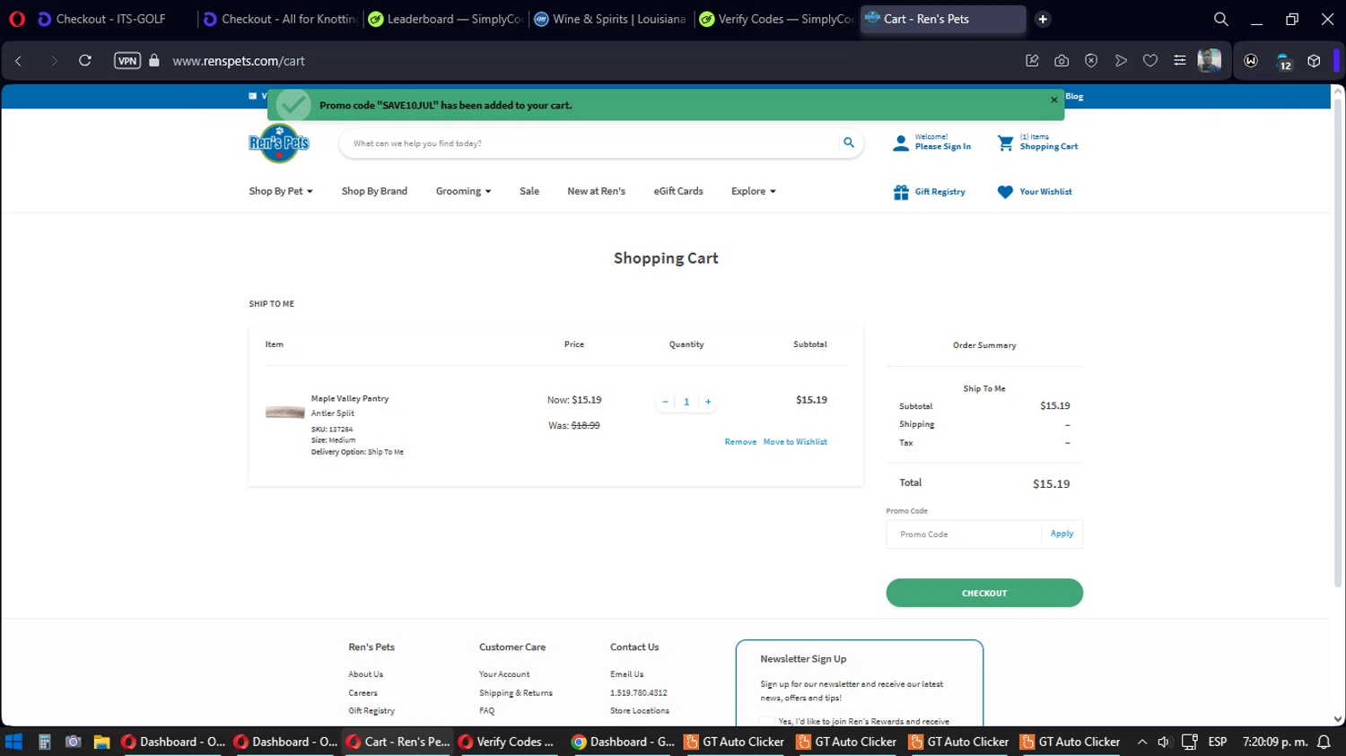 Ren's Pets checkout page showing Ren's Pets promo code box | Screenshot taken by SimplyCodes community member on Jul 26, 2024