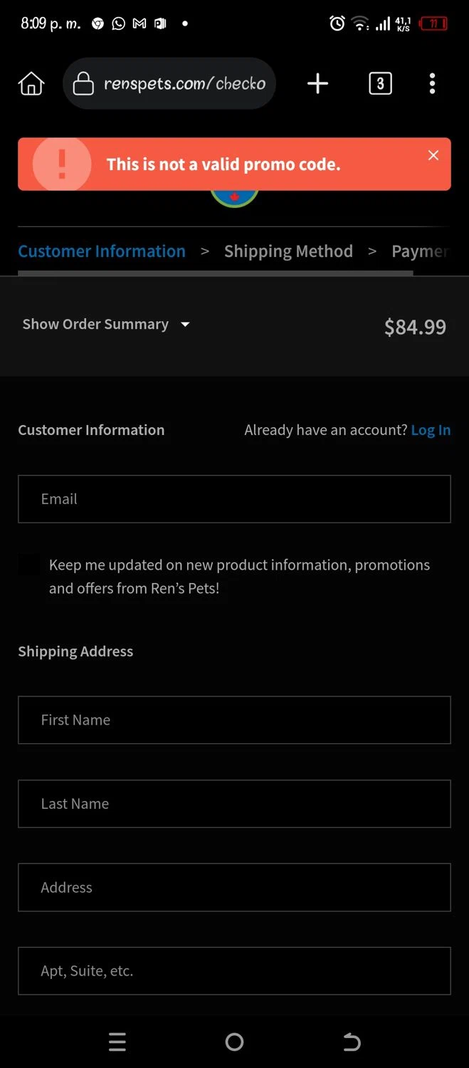 Ren's Pets promo code screenshot showing code SAVECART24 applied at Ren's Pets checkout page. Uploaded by SimplyCodes community member Pipina11 on Mar 6, 2025
