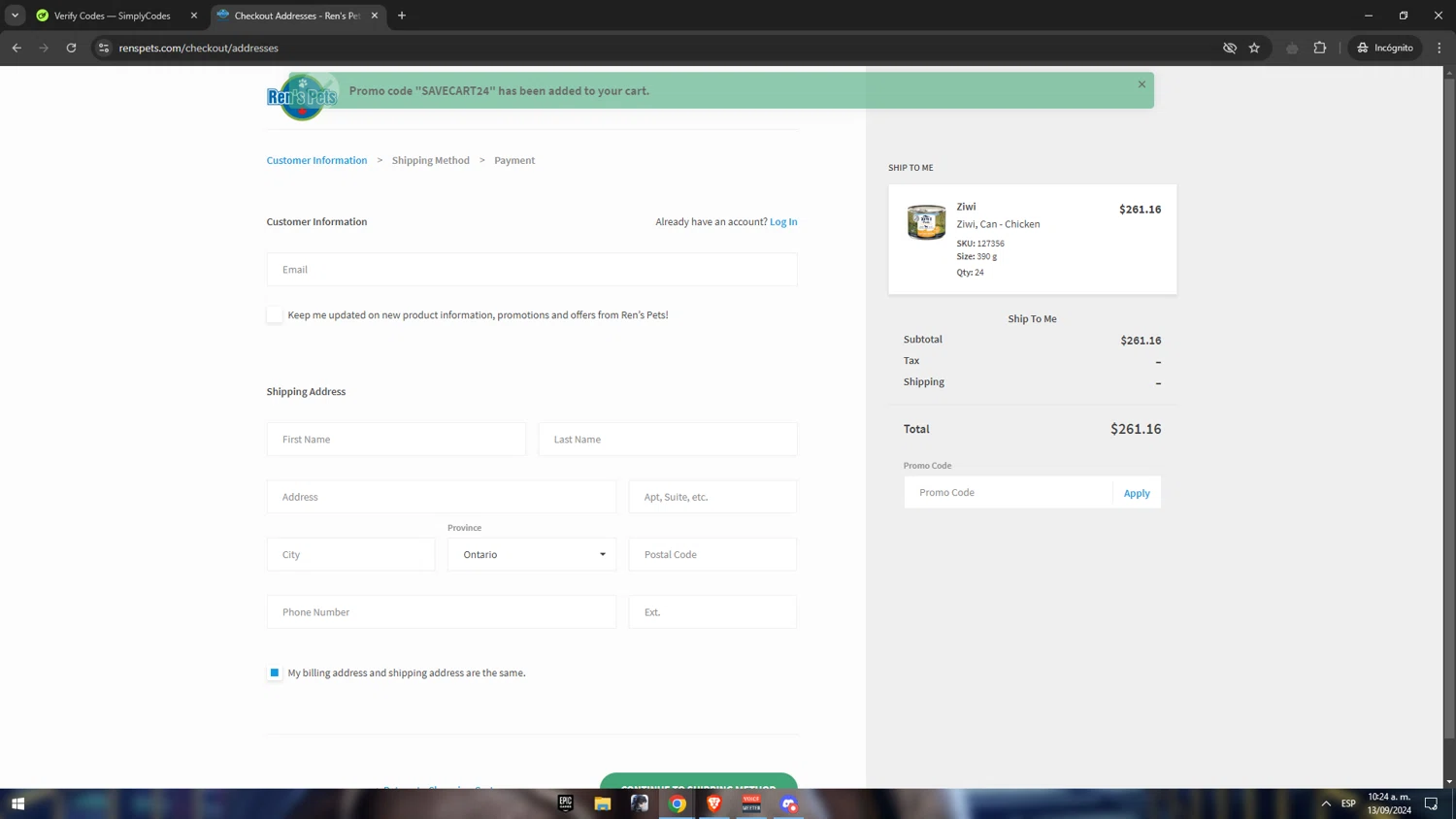 Ren's Pets checkout page showing Ren's Pets promo code box | Screenshot taken by SimplyCodes community member on Sep 13, 2024