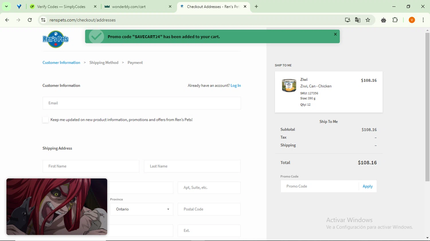 Ren's Pets checkout page showing Ren's Pets promo code box | Screenshot taken by SimplyCodes community member on Oct 12, 2024