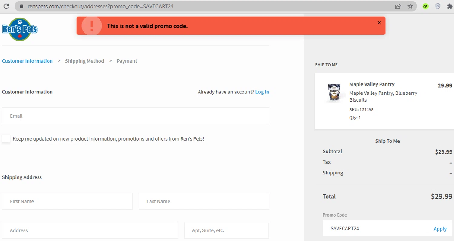 Ren's Pets promo code screenshot showing code SAVECART24 applied at Ren's Pets checkout page. Uploaded by SimplyCodes community member SavingsNavigator7692 on Mar 5, 2025