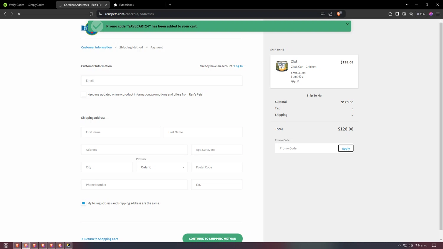 Ren's Pets checkout page showing Ren's Pets promo code box | Screenshot taken by SimplyCodes community member on Nov 10, 2024