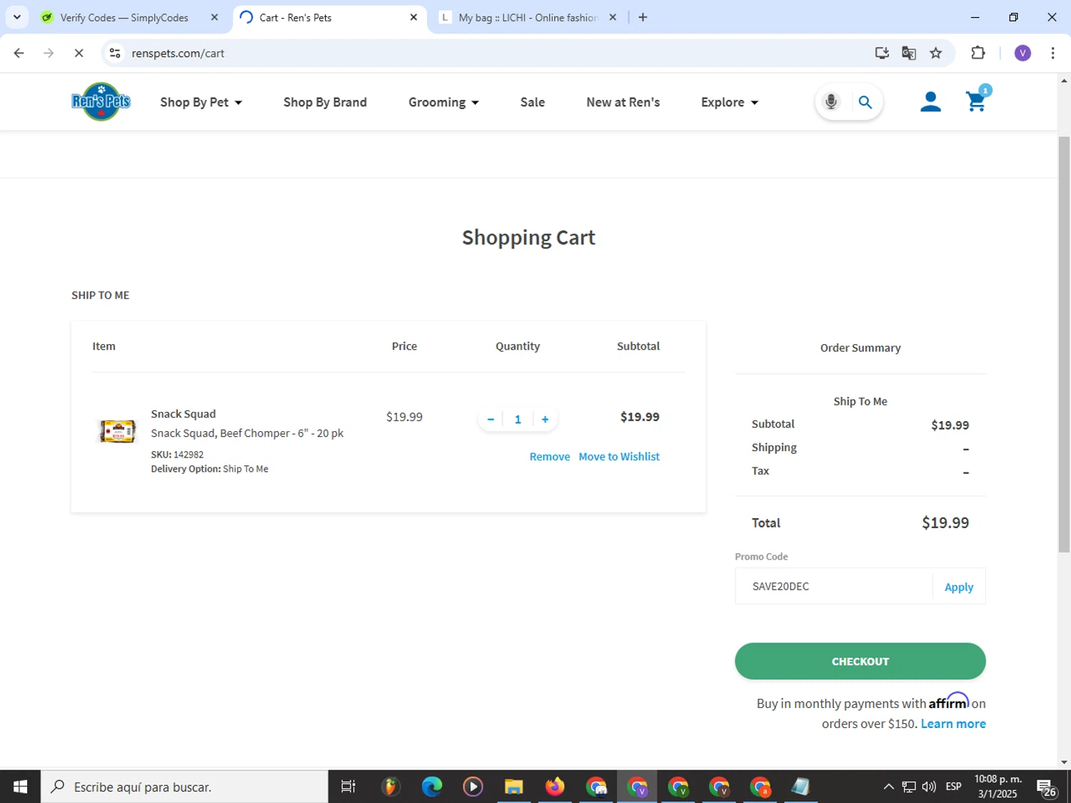 Ren's Pets promo code screenshot showing code SAVE20DEC applied at Ren's Pets checkout page. Uploaded by SimplyCodes community member Satoru_gojo on Jan 4, 2025