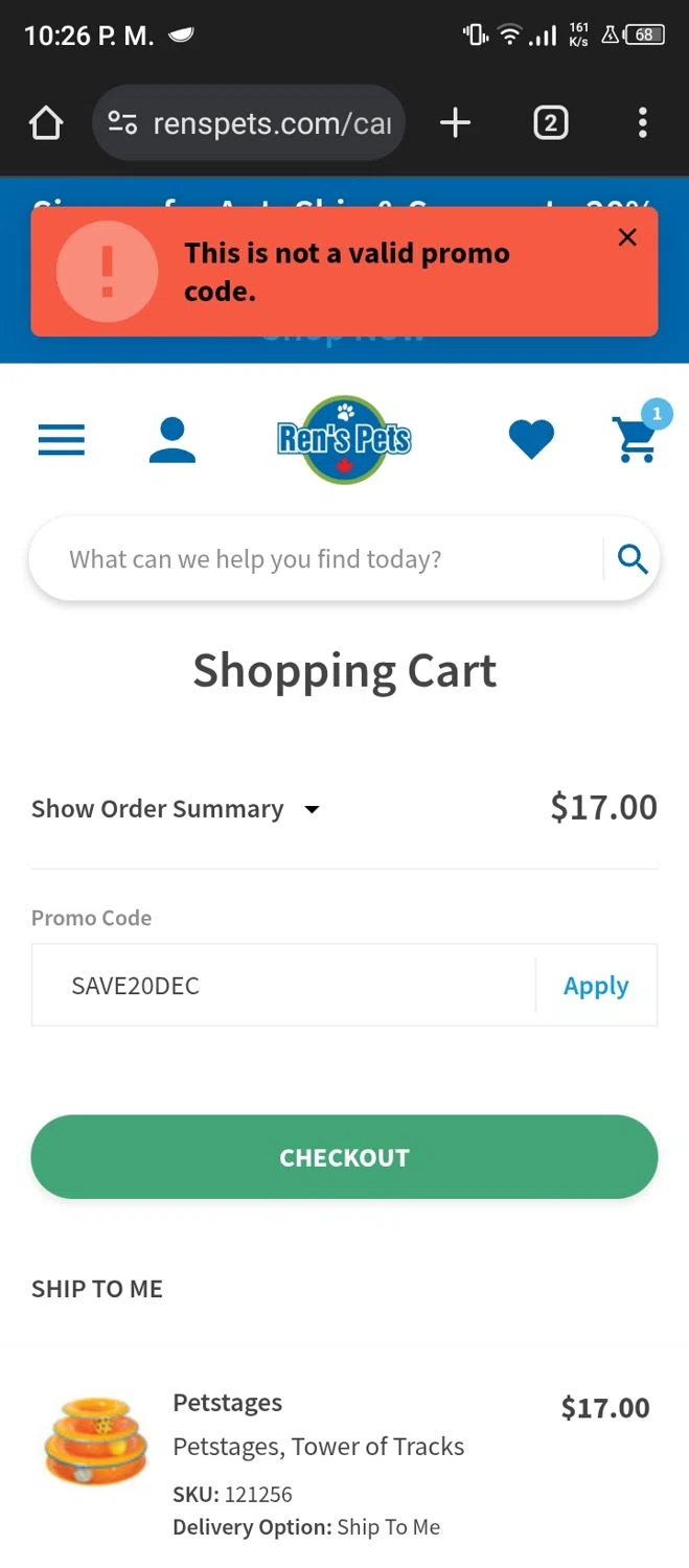 Ren's Pets promo code screenshot showing code SAVE20DEC applied at Ren's Pets checkout page. Uploaded by SimplyCodes community member Fundolaroca on Jan 4, 2025