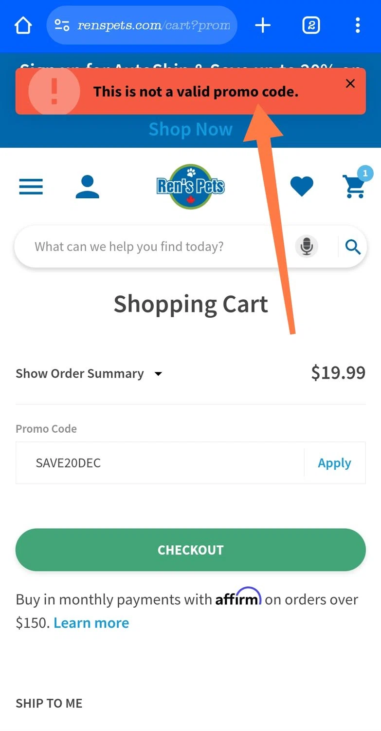 Ren's Pets promo code screenshot showing code SAVE20DEC applied at Ren's Pets checkout page. Uploaded by SimplyCodes community member mdarwyns on Jan 4, 2025