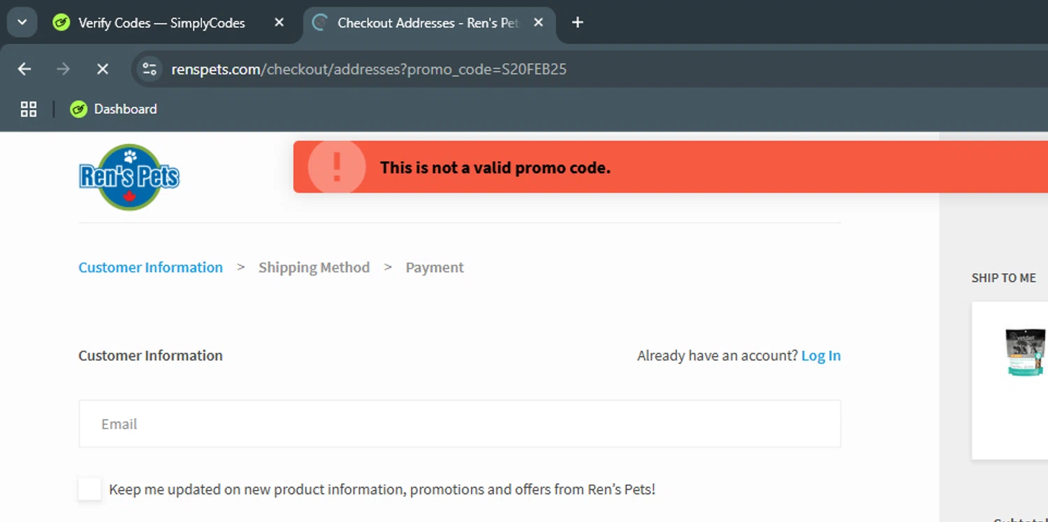 Ren's Pets promo code screenshot showing code S20FEB25 applied at Ren's Pets checkout page. Uploaded by SimplyCodes community member OhmaTokita on Feb 21, 2025
