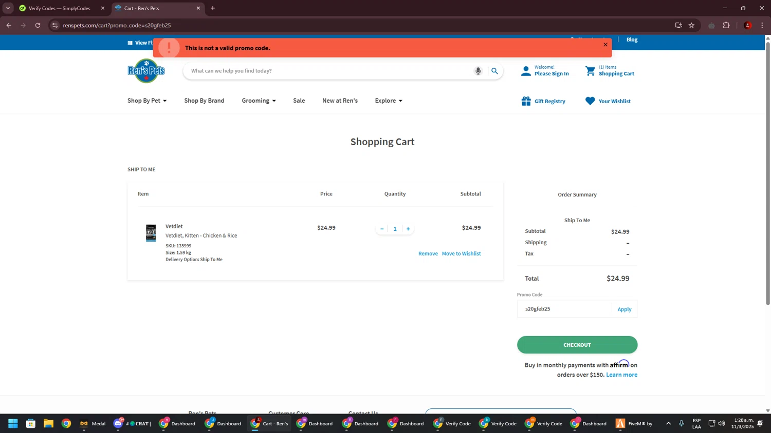 Ren's Pets promo code screenshot showing code s20gfeb25 applied at Ren's Pets checkout page. Uploaded by SimplyCodes community member BrilliantSaver7516 on Mar 11, 2025