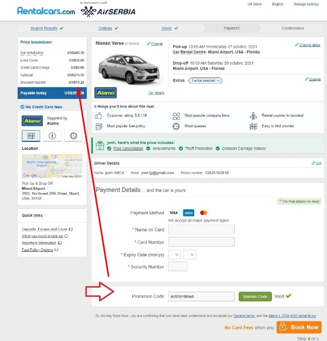 Rentalcars.com checkout page showing Rentalcars.com promo code box | Screenshot taken by SimplyCodes community member on Dec 6, 2021