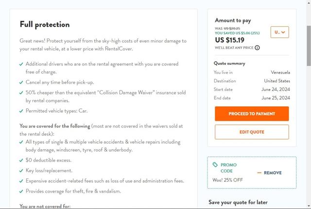 RentalCover.com checkout page showing RentalCover.com promo code box | Screenshot taken by SimplyCodes community member on Jun 24, 2024