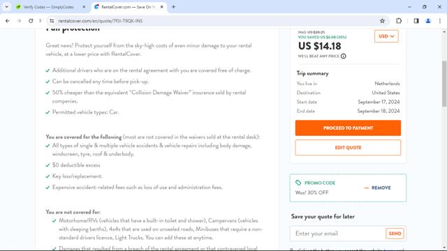 RentalCover.com checkout page showing RentalCover.com promo code box | Screenshot taken by SimplyCodes community member on Sep 18, 2024