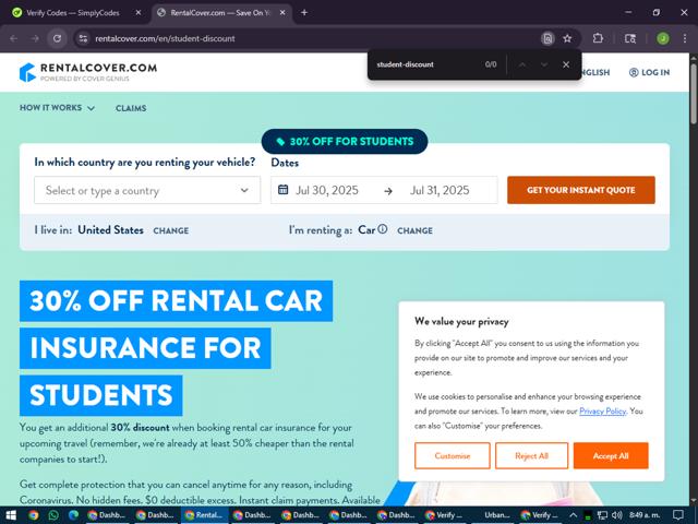 RentalCover.com checkout page showing RentalCover.com promo code box | Screenshot taken by SimplyCodes community member on Jul 30, 2025