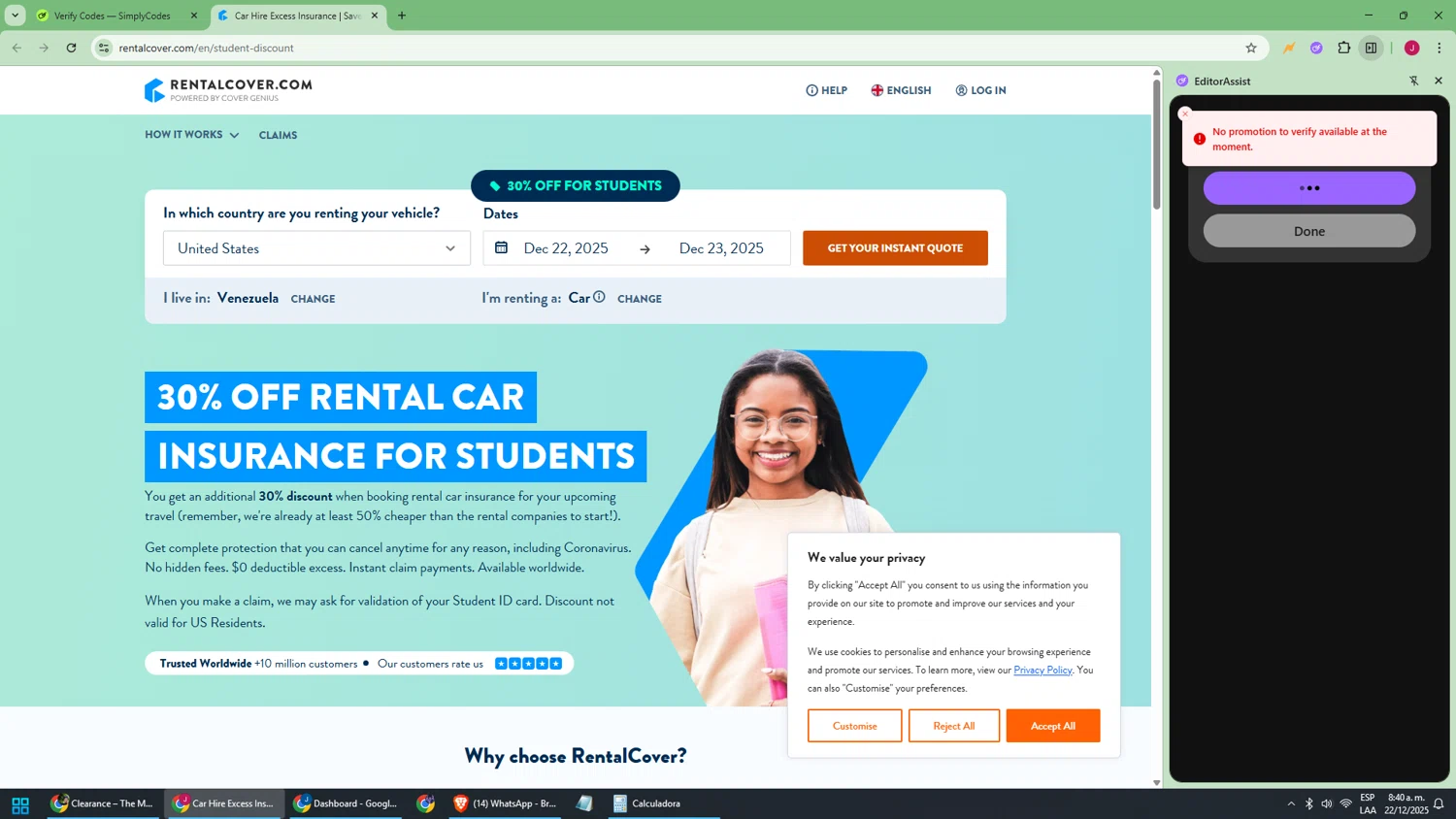 RentalCover.com promo code screenshot showing code student-discount applied at RentalCover.com checkout page. Uploaded by SimplyCodes community member joaojesus on Dec 22, 2025