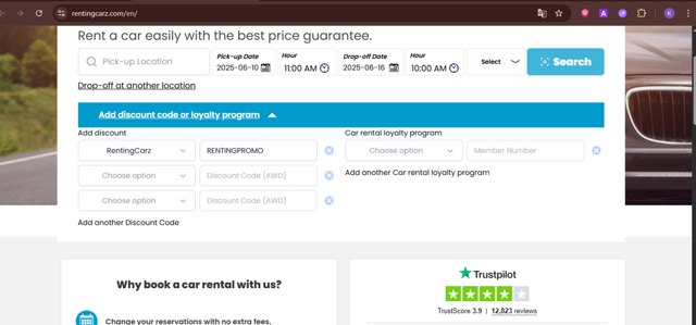 RentingCarz checkout page showing RentingCarz promo code box | Screenshot taken by SimplyCodes community member on Jun 6, 2025