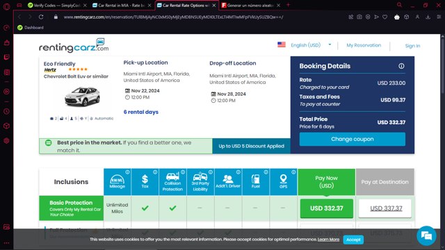 RentingCarz checkout page showing RentingCarz promo code box | Screenshot taken by SimplyCodes community member on Nov 19, 2024