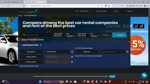 RentingCarz checkout page showing RentingCarz promo code box | Screenshot taken by SimplyCodes community member on Aug 27, 2024