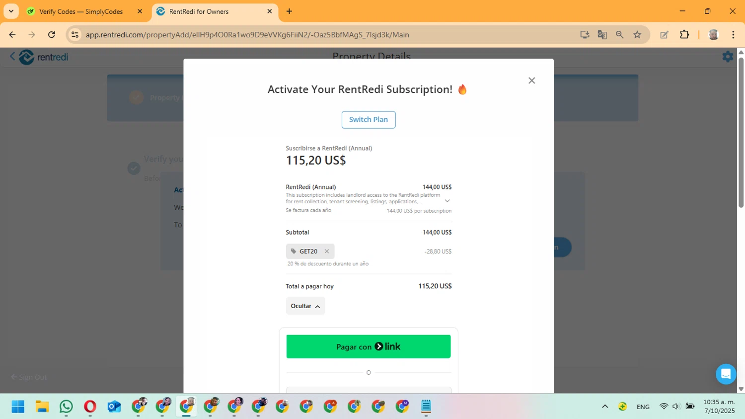 RentRedi promo code screenshot showing code GET20 applied at RentRedi checkout page. Uploaded by SimplyCodes community member ManuelF on Oct 7, 2025