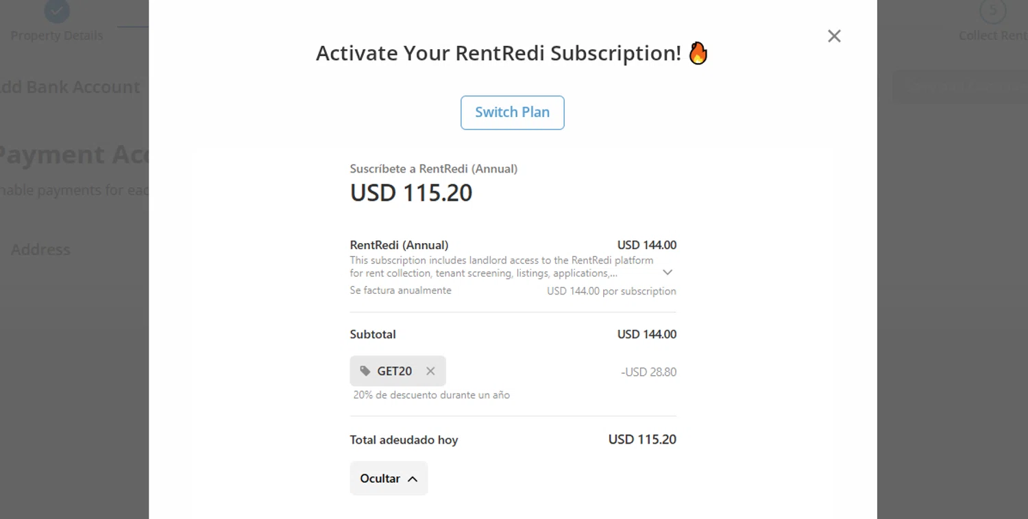 RentRedi promo code screenshot showing code GET20 applied at RentRedi checkout page. Uploaded by SimplyCodes community member WonderSaver8569 on Nov 5, 2025