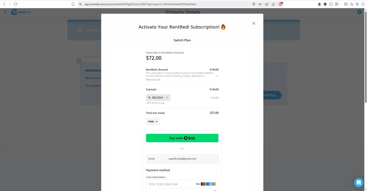 RentRedi promo code screenshot showing code DEC2024 applied at RentRedi checkout page. Uploaded by SimplyCodes community member dayselis15 on Jul 24, 2025