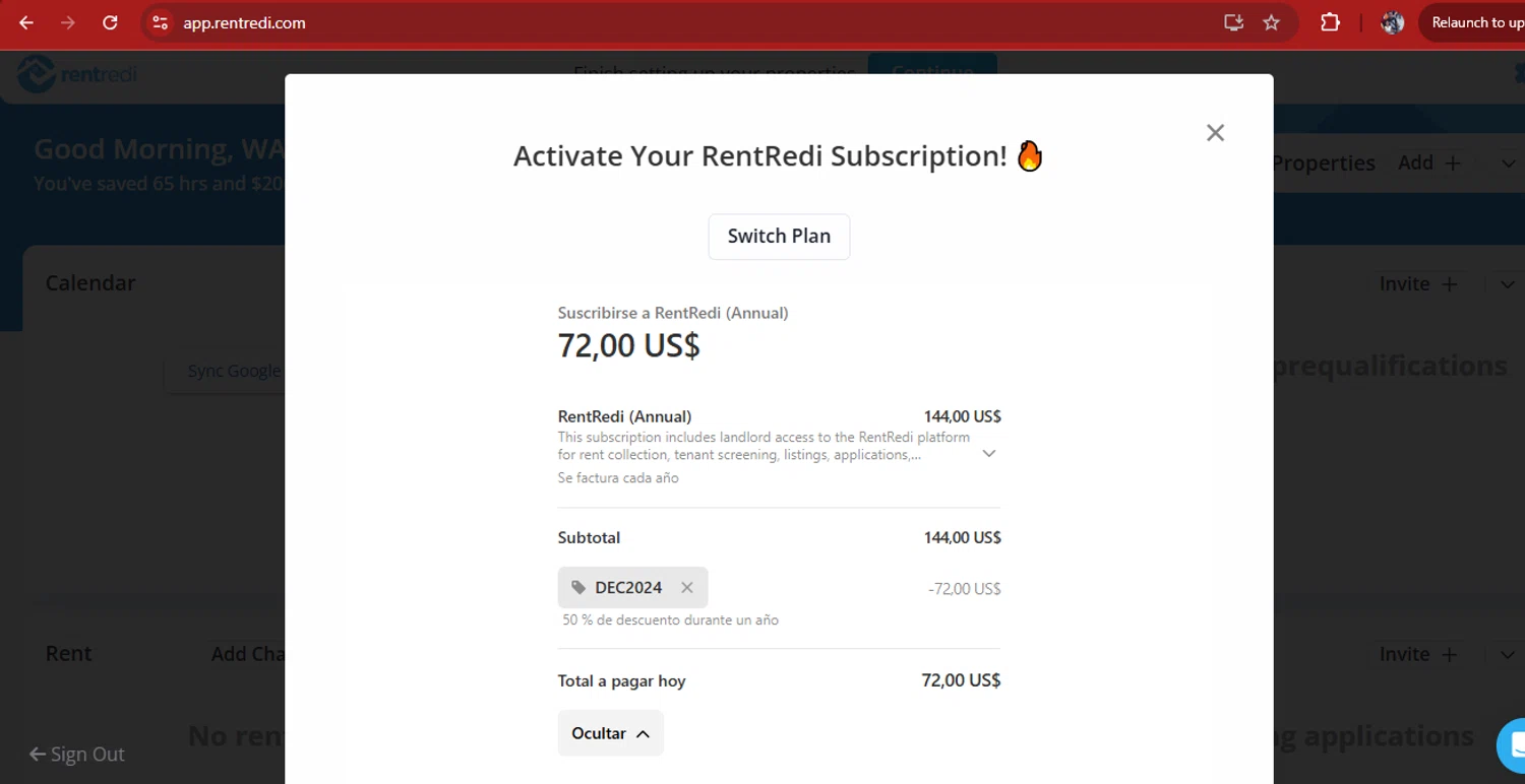 RentRedi promo code screenshot showing code DEC2024 applied at RentRedi checkout page. Uploaded by SimplyCodes community member kimberlinmartinez on Sep 20, 2025