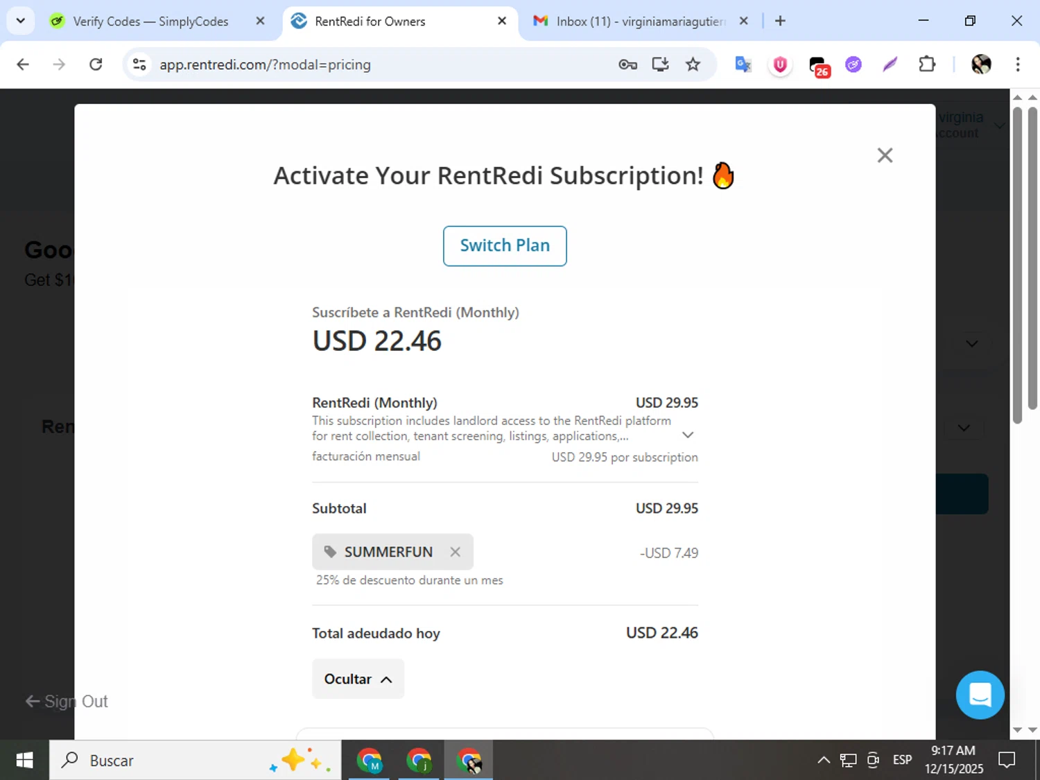 RentRedi checkout page showing RentRedi promo code box | Screenshot taken by SimplyCodes community member on Dec 15, 2025