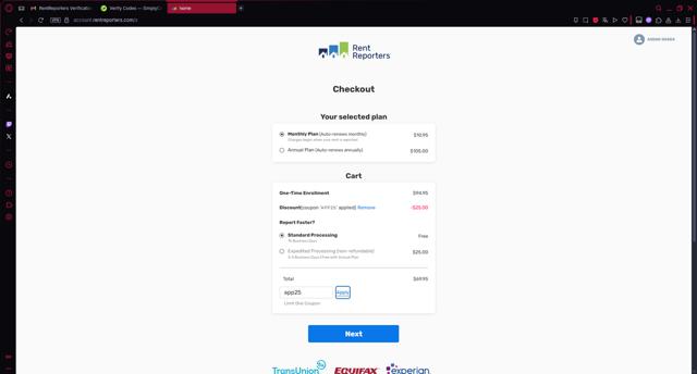 RentReporters checkout page showing RentReporters promo code box | Screenshot taken by SimplyCodes community member on Jul 23, 2025