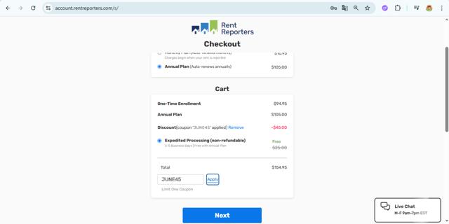 RentReporters checkout page showing RentReporters promo code box | Screenshot taken by SimplyCodes community member on Jun 5, 2025