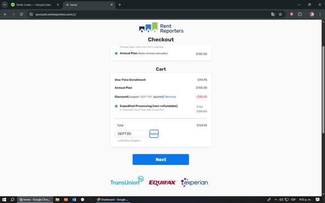 RentReporters checkout page showing RentReporters promo code box | Screenshot taken by SimplyCodes community member on Sep 1, 2025