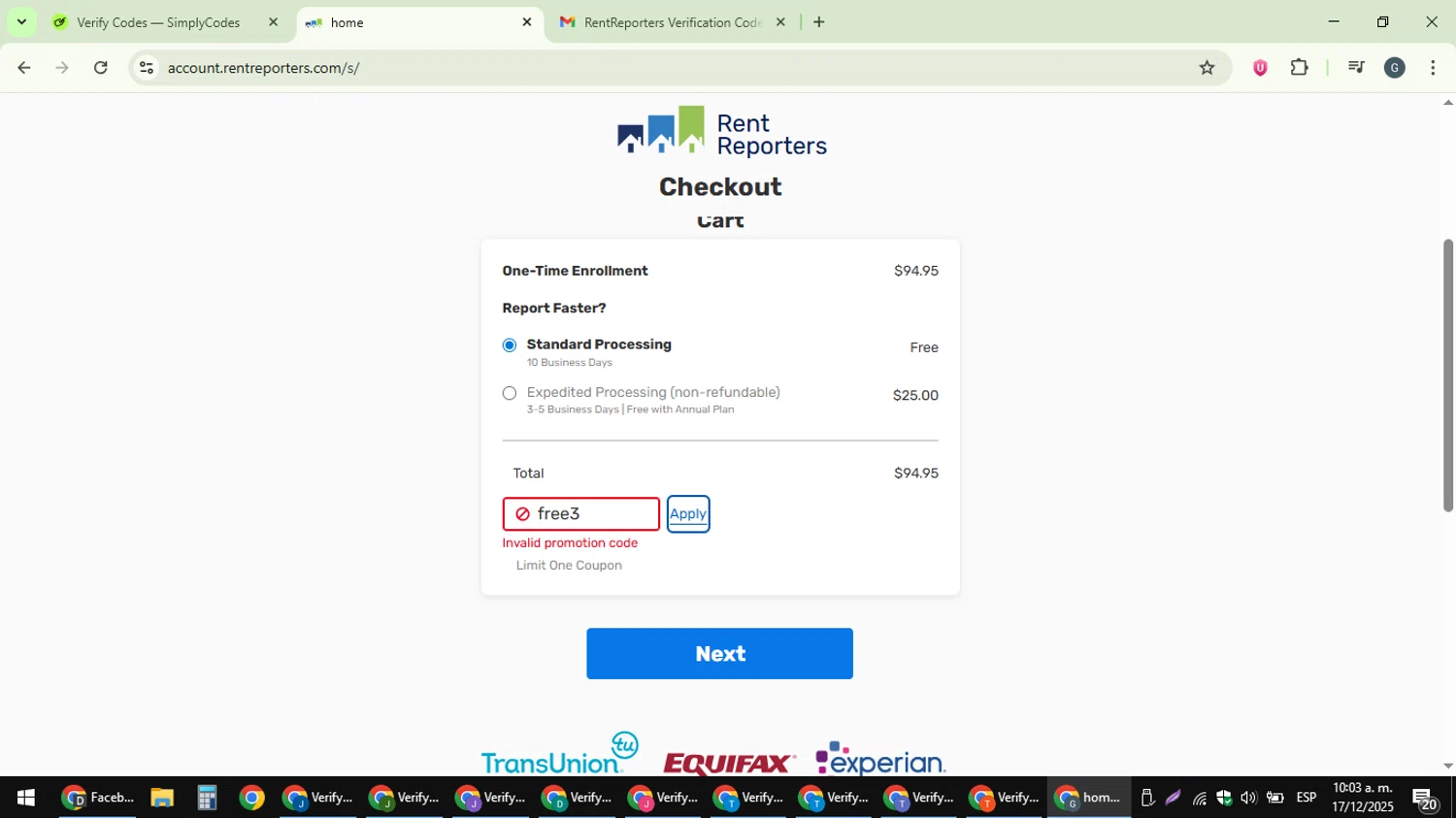 RentReporters promo code screenshot showing code free3 applied at RentReporters checkout page. Uploaded by SimplyCodes community member gabinharris55 on Dec 17, 2025