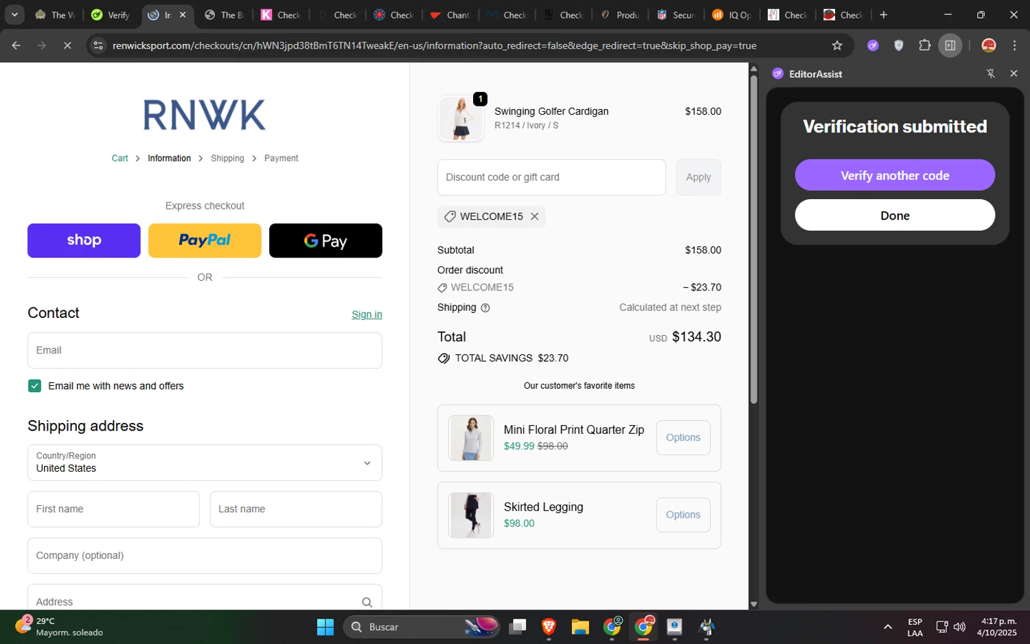 Renwick promo code screenshot showing code WELCOME15 applied at Renwick checkout page. Uploaded by SimplyCodes community member GloriousWizard5474 on Oct 4, 2025