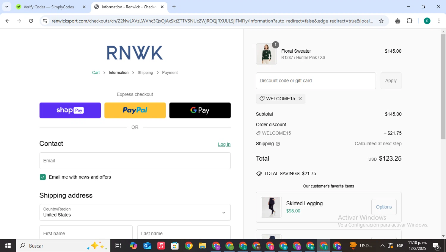 Renwick promo code screenshot showing code WELCOME15 applied at Renwick checkout page. Uploaded by SimplyCodes community member VictoriousPilot5281 on Feb 13, 2025